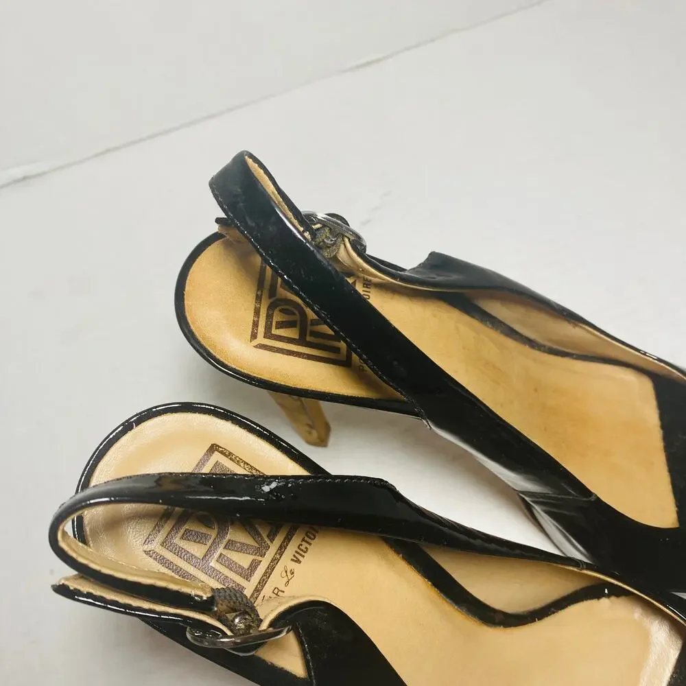 Pour La Victoire Black Patent Leather Peep Toe High Heel Slingback Pumps Sz 8